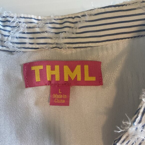 THML Striped Texture V‎ Neck Mini Dress Sz L Cotton Pockets Blue White Beach - Picture 9 of 12